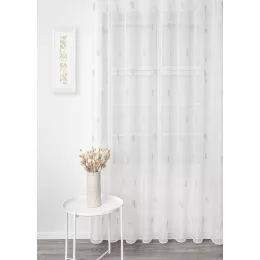    T/526 - hímzett, fehér alapon bézs levélmintás voile, max. 285 cm magas
